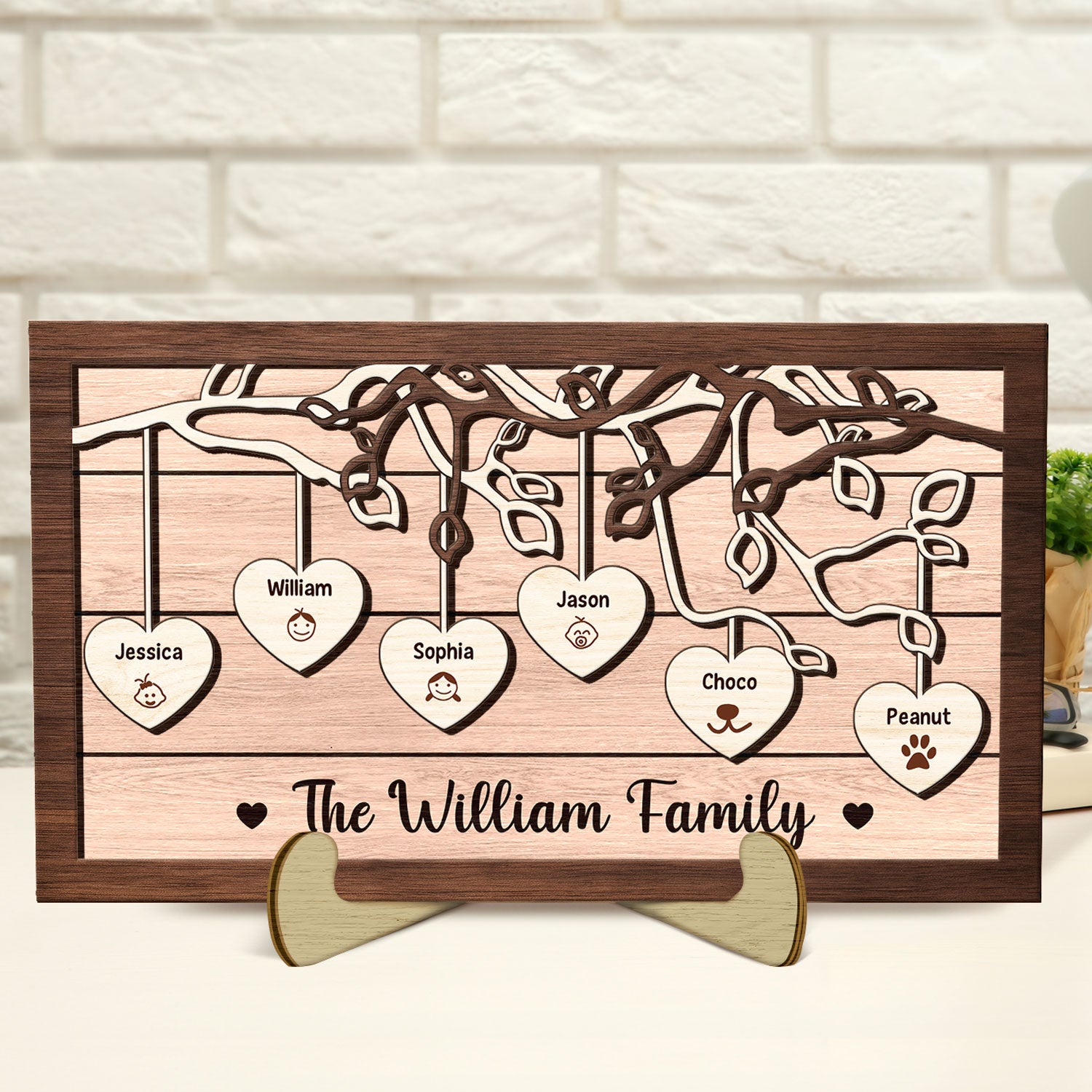 Heart Tree Family Members - Home Decor Gift For Family - Personalized 2-Layered Wooden Plaque With Stand
