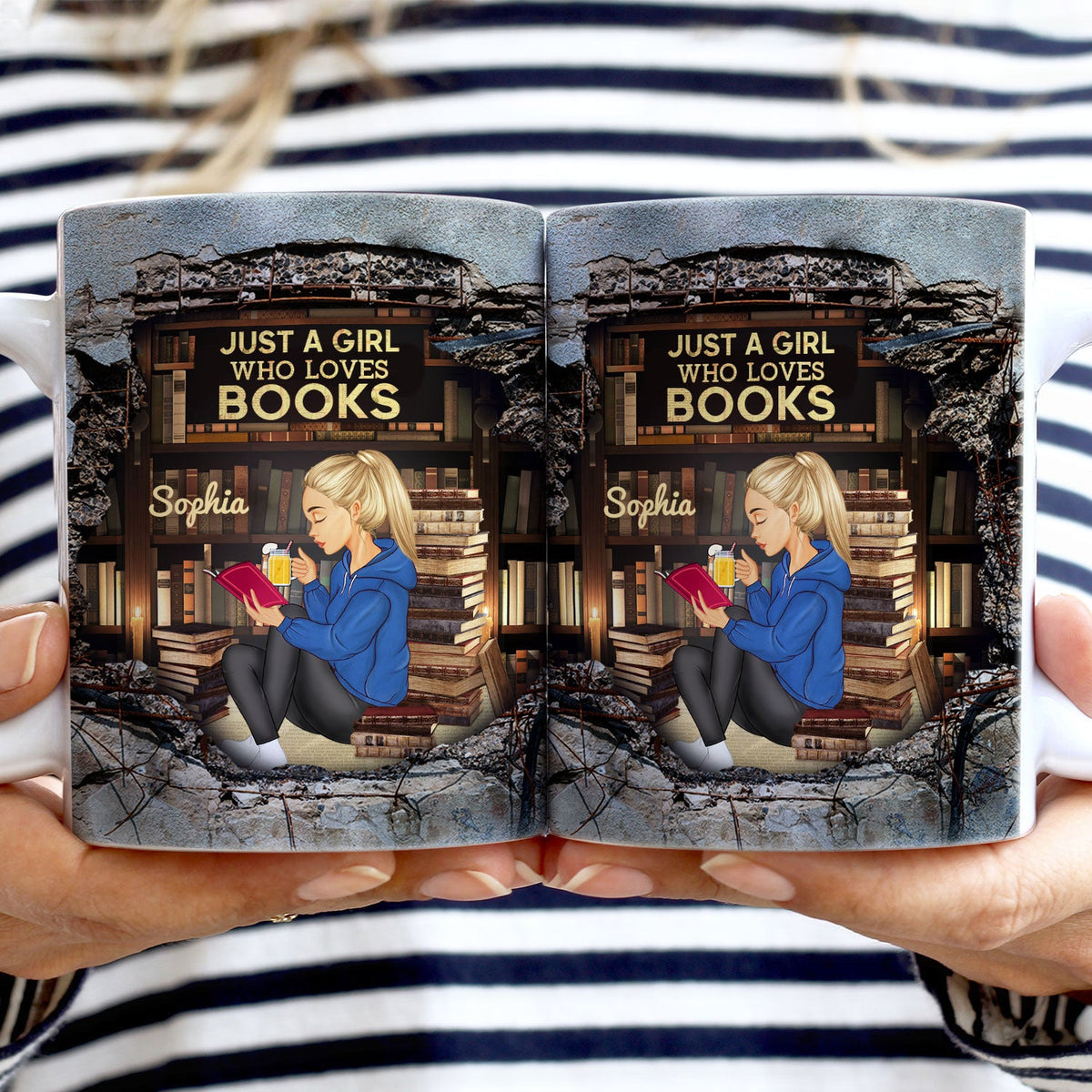 Fille lisant un mur fissuré en 3D - Cadeau pour les amoureux des livres - Mug blanc personnalisé bord à bord