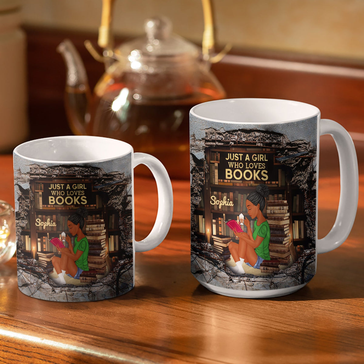 Fille lisant un mur fissuré en 3D - Cadeau pour les amoureux des livres - Mug blanc personnalisé bord à bord
