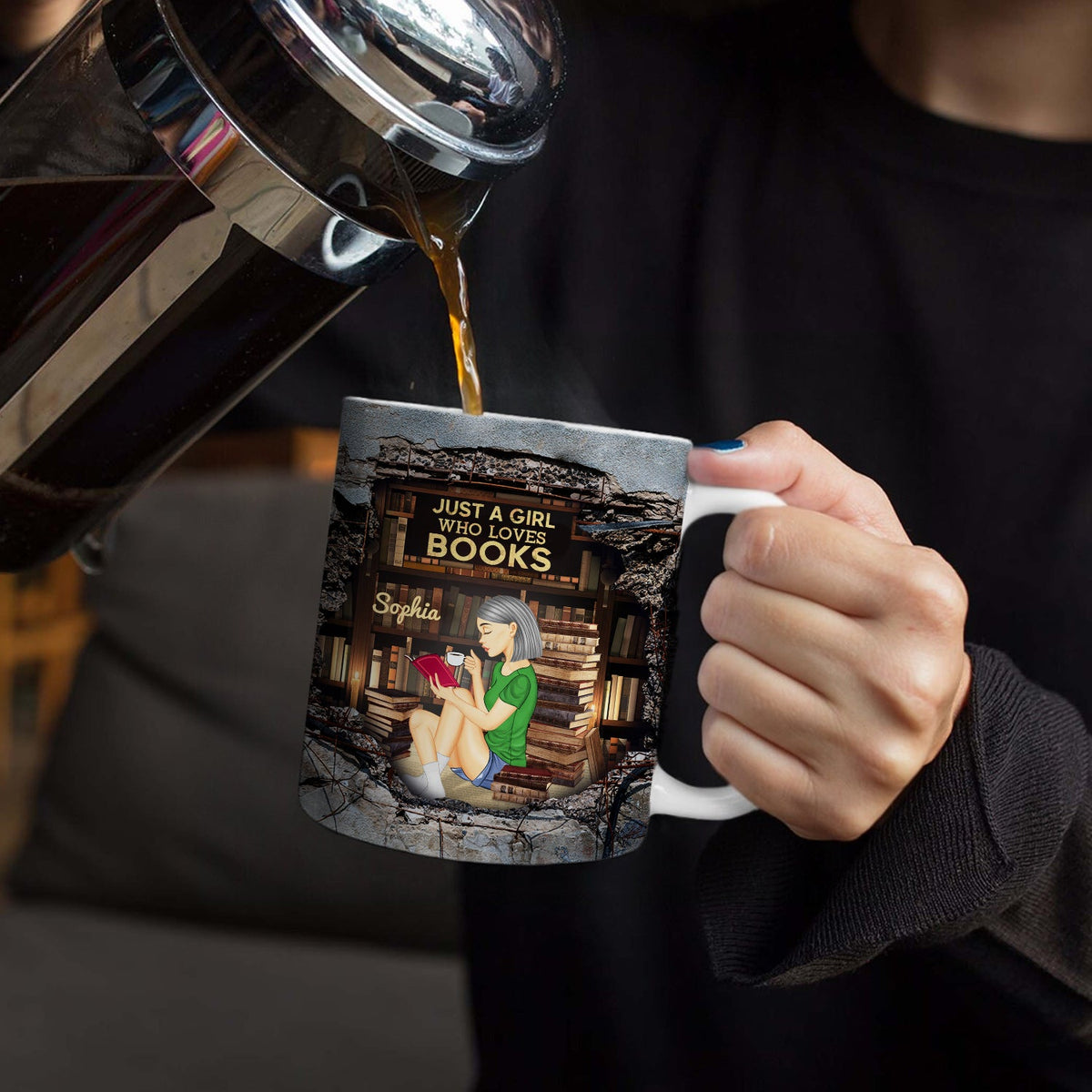 Fille lisant un mur fissuré en 3D - Cadeau pour les amoureux des livres - Mug blanc personnalisé bord à bord