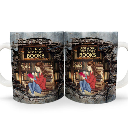 Fille lisant un mur fissuré en 3D - Cadeau pour les amoureux des livres - Mug blanc personnalisé bord à bord