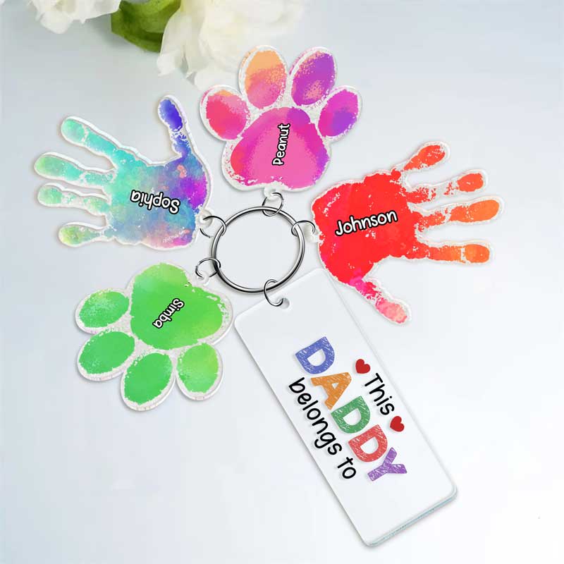 This Daddy Belongs To Handprints Paw Prints - Personalized Acrylic Tag Keychain