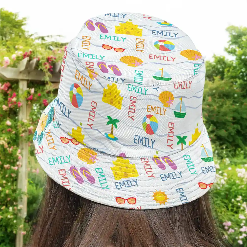 Gift For Kids, Beach, Happy - Summer Beach Vacation Holiday Vibe Cute Icon Custom Name - Personalized Bucket Hat