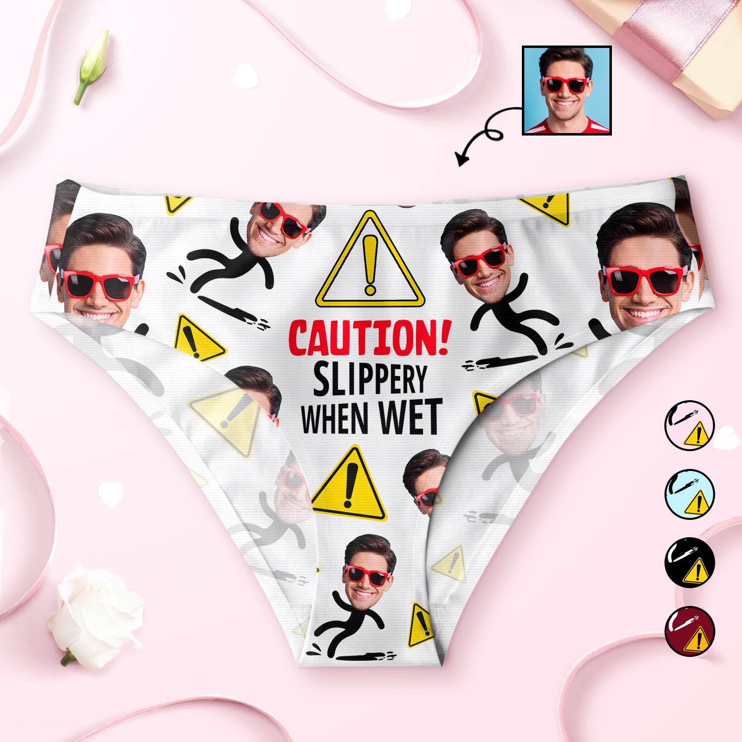 Custom Photo Caution Slippery When Wet - Birthday, Anniversary, Funny Gift For Wife, Girlfriend - Personalized Women's Low-waisted Brief