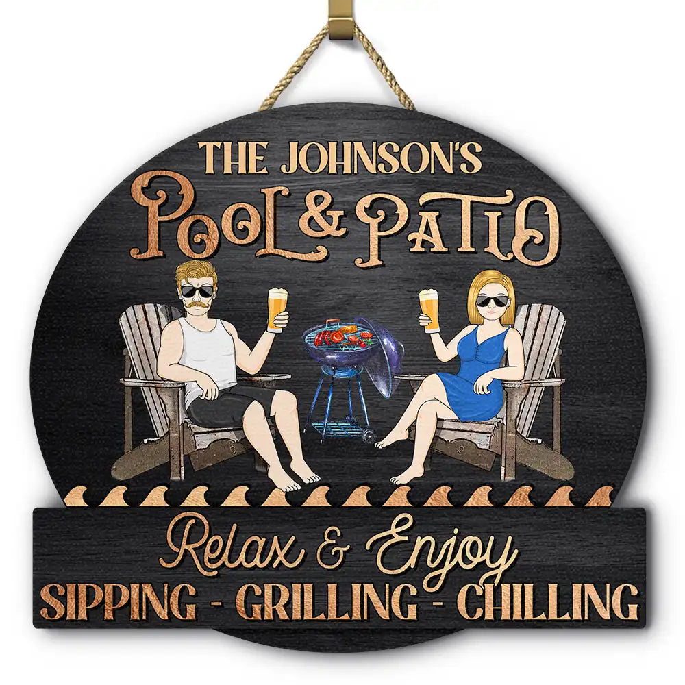 Couple Pool & Patio Sipping Chilling - Personalized Custom Shaped Wood Sign