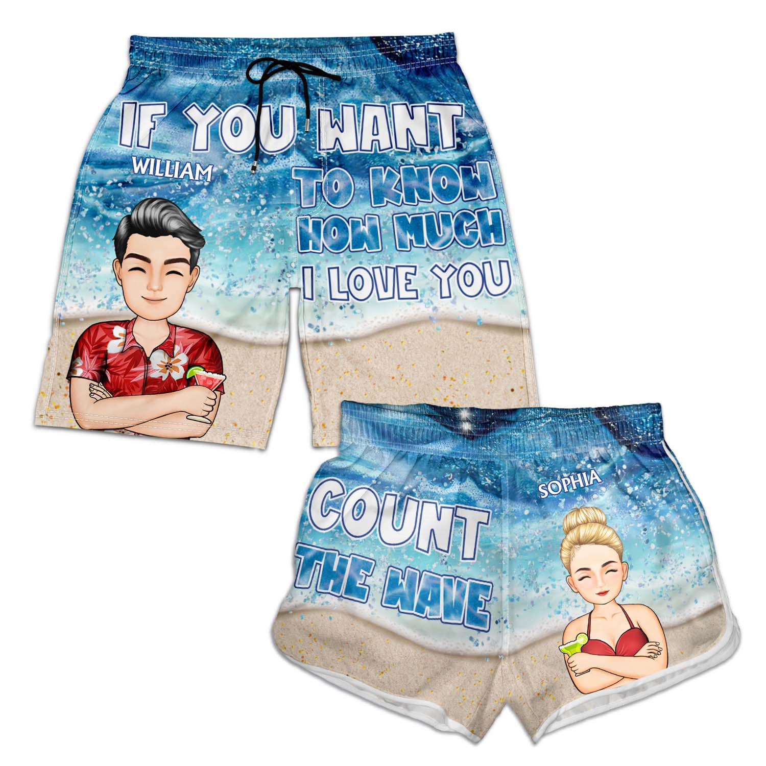 How Much I Love You Count The Waves Beach Vibe - Gift For Couples, Husband, Wife, Boyfriend, Girlfriend - Personalized Custom Couple Beach Shorts