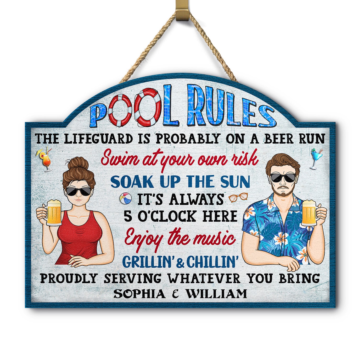 Pool Rules Swim At Your Own Risk Grilling - Home Decor, Backyard Decor, Gift For Her, Him, Couples, Husband, Wife, Family - Personalized Custom Shaped Wood Sign