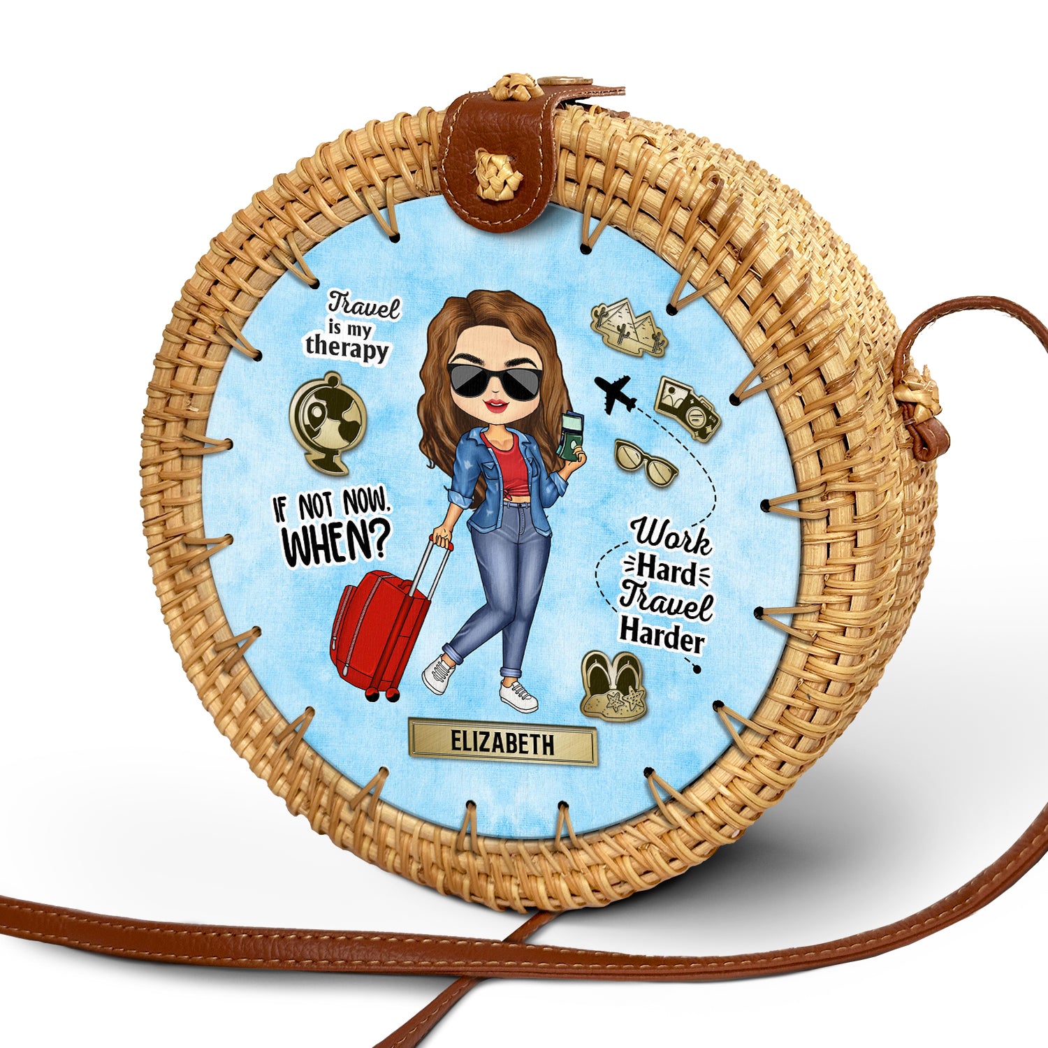 Travel Is My Therapy - Gift For Her, Travel Lovers - Personalized Custom Round Rattan Bag