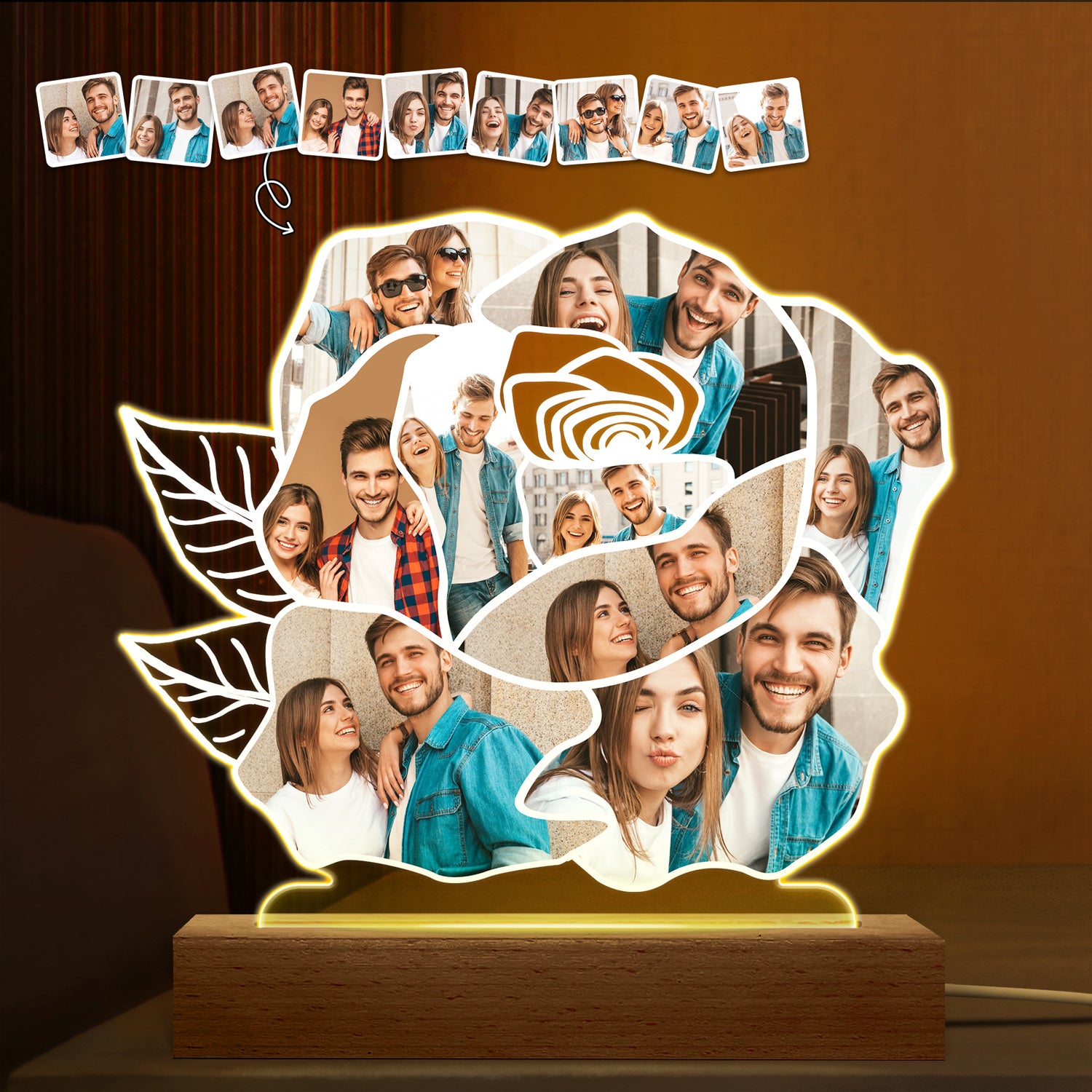 Custom Photo Rose Shape - Holiday, Anniversary Gift For Spouse, Husband, Wife, Couple - Personalized 3D Led Light Wooden Base