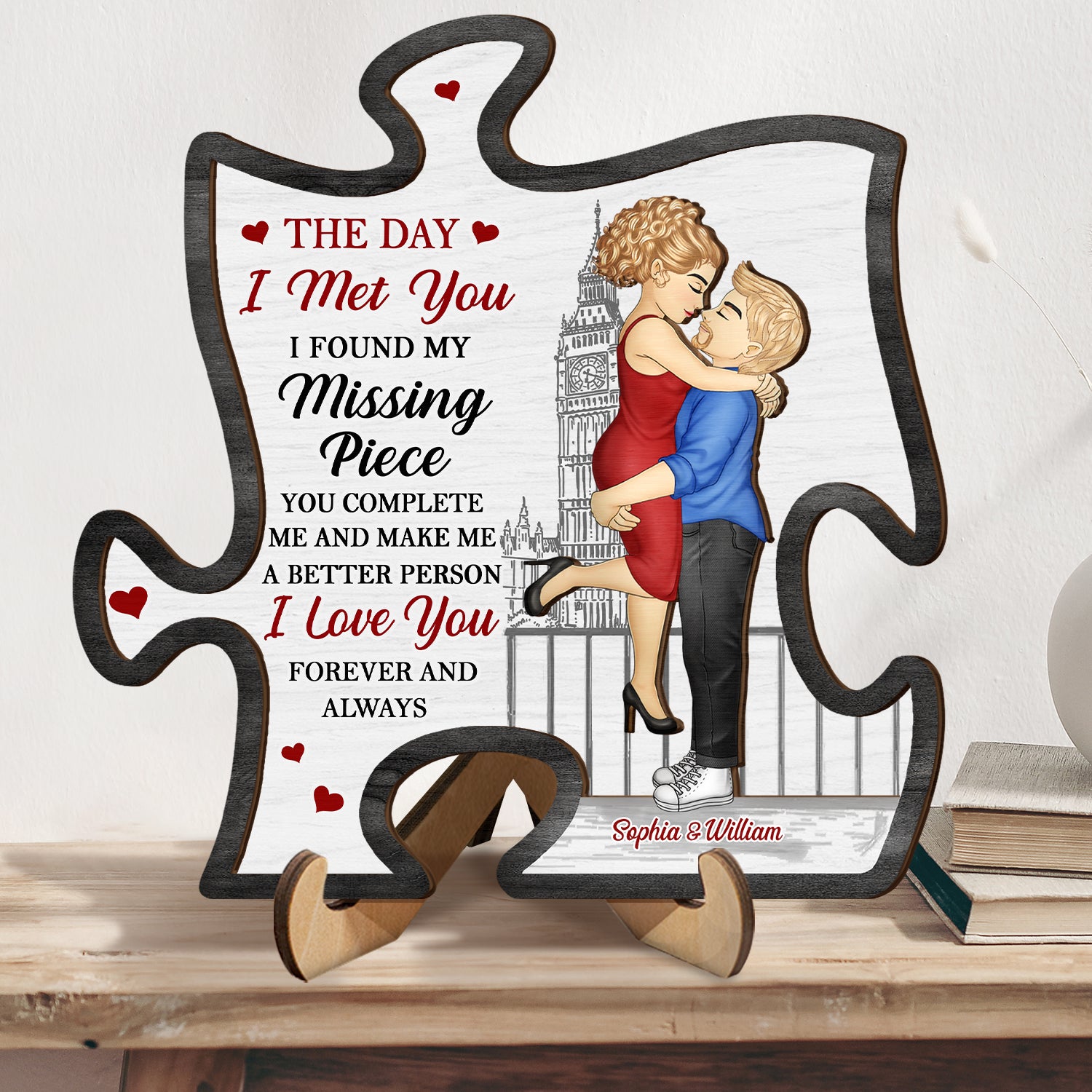 The Day I Met You I Found My Missing Piece - Anniversary Gift For Spouse, Lover, Couple - Personalized 2-Layered Wooden Plaque With Stand
