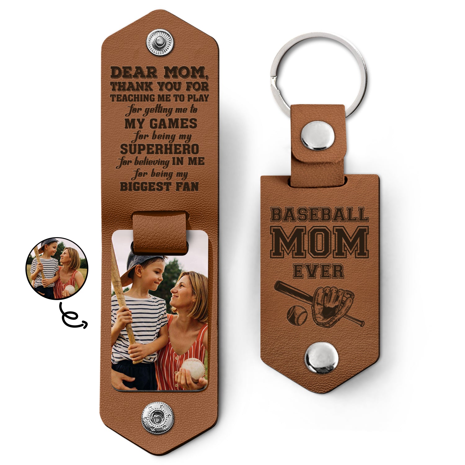 Custom Photo Dear Mom Thank You For Teaching Me - Birthday, Loving Gift For Baseball, Softball Mother - Personalized Leather Photo Keychain