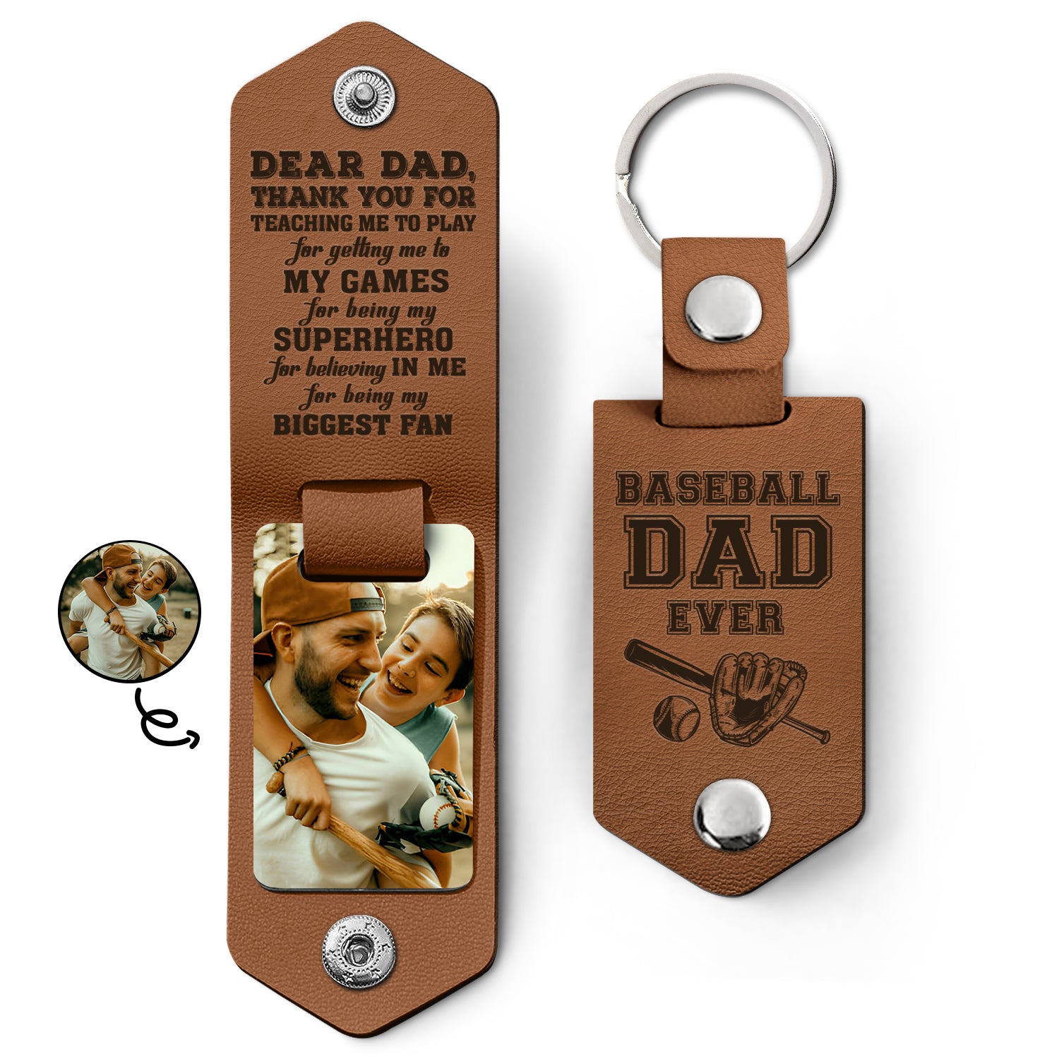 Custom Photo Dear Dad Thank You For Teaching Me - Birthday, Loving Gift For Baseball, Softball Father - Personalized Leather Photo Keychain