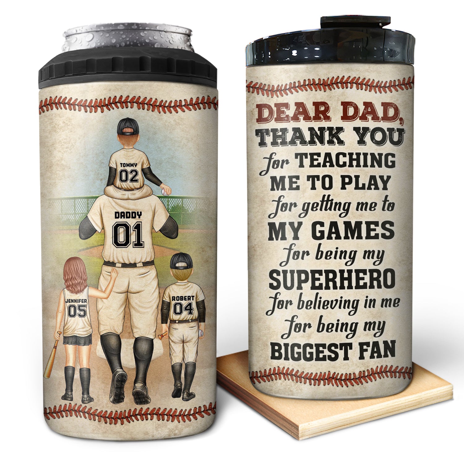 Dear Dad Thank You For Teaching Me - Gift For Father, Baseball Fans, Softball - Personalized Custom 4 In 1 Can Cooler Tumbler