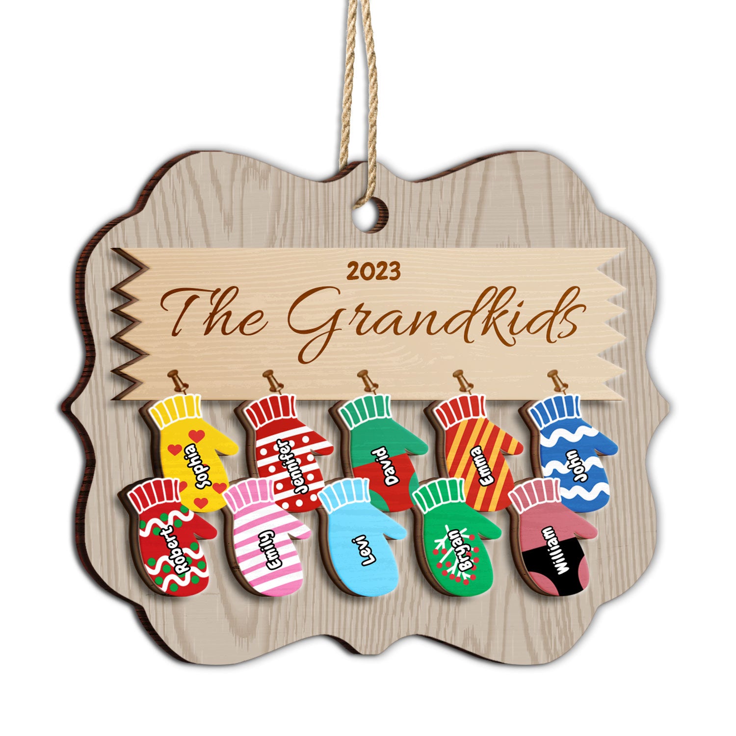 Mittens With Grandkids Names - Christmas Gift For Grandparent - Personalized 2-Layered Wooden Ornament