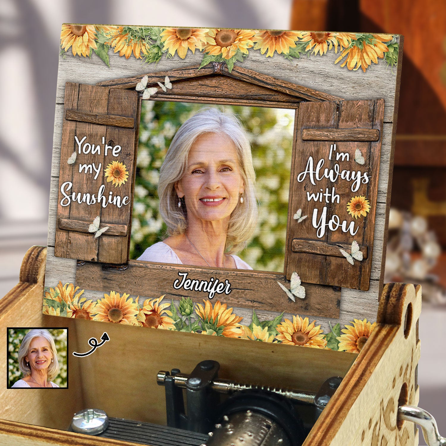 Custom Photo I'm Always With You You're My Sunshine - Memorial Gift For Family, Friends - Personalized Spin Button, Hand Crank Music Box