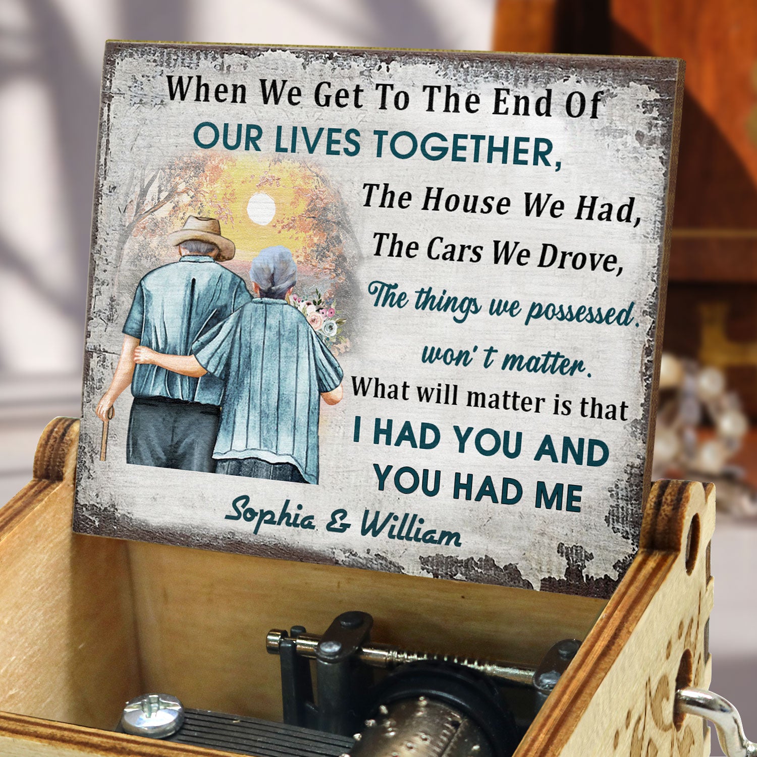 When We Get To The End - Anniversary Gift For Old Couple, Husband, Wife - Personalized Spin Button, Hand Crank Music Box