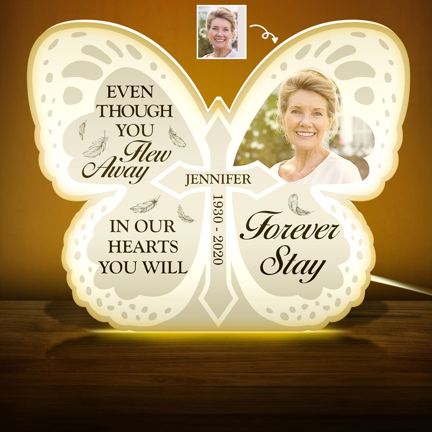 Custom Photo Even Though You Flew Away - Loving, Memorial Gift For Family, Siblings, Friends - Personalized Custom Shaped Photo Light Box