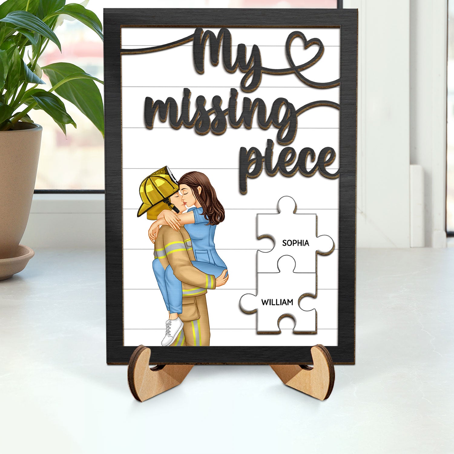 My Missing Piece Kissing Couple Occupation - Gift For Couples, Nurse, Firefighter, Police Officer - Personalized 2-Layered Wooden Plaque With Stand