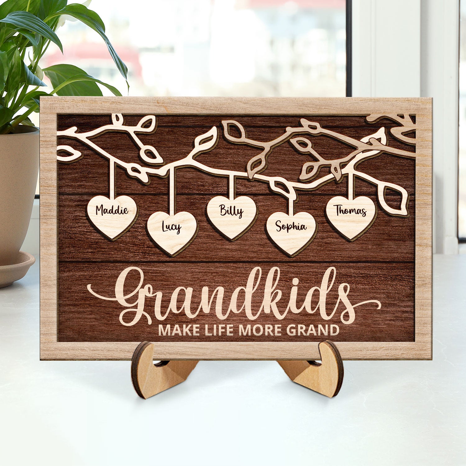 Grandkids Make Life More Grand - Gift For Grandma, Grandpa, Grandparents, Dad, Mom - Personalized 2-Layered Wooden Plaque With Stand