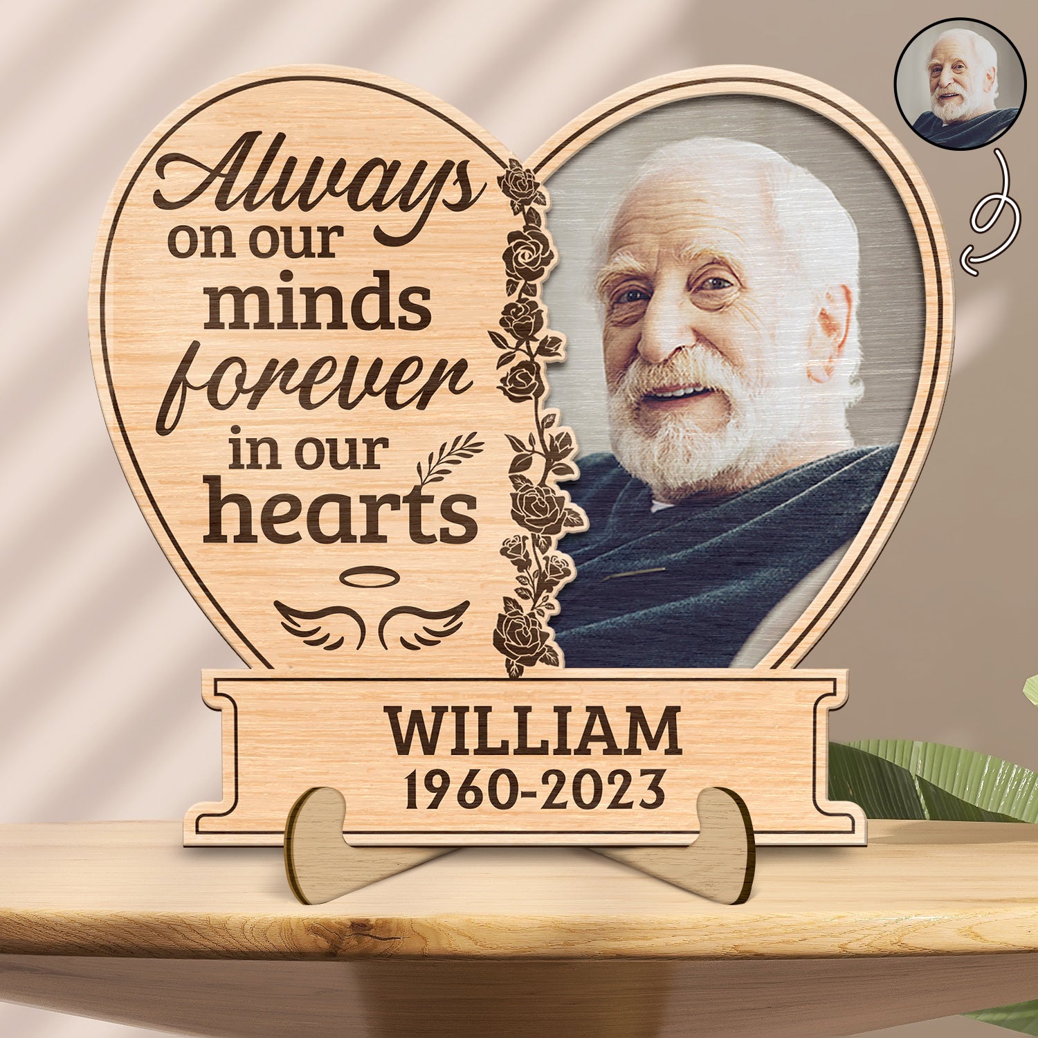 Custom Photo Always On Our Minds Forever In Our Hearts - Memorial Gift For Family, Friends, Pet Lovers - Personalized 2-Layered Wooden Plaque With Stand