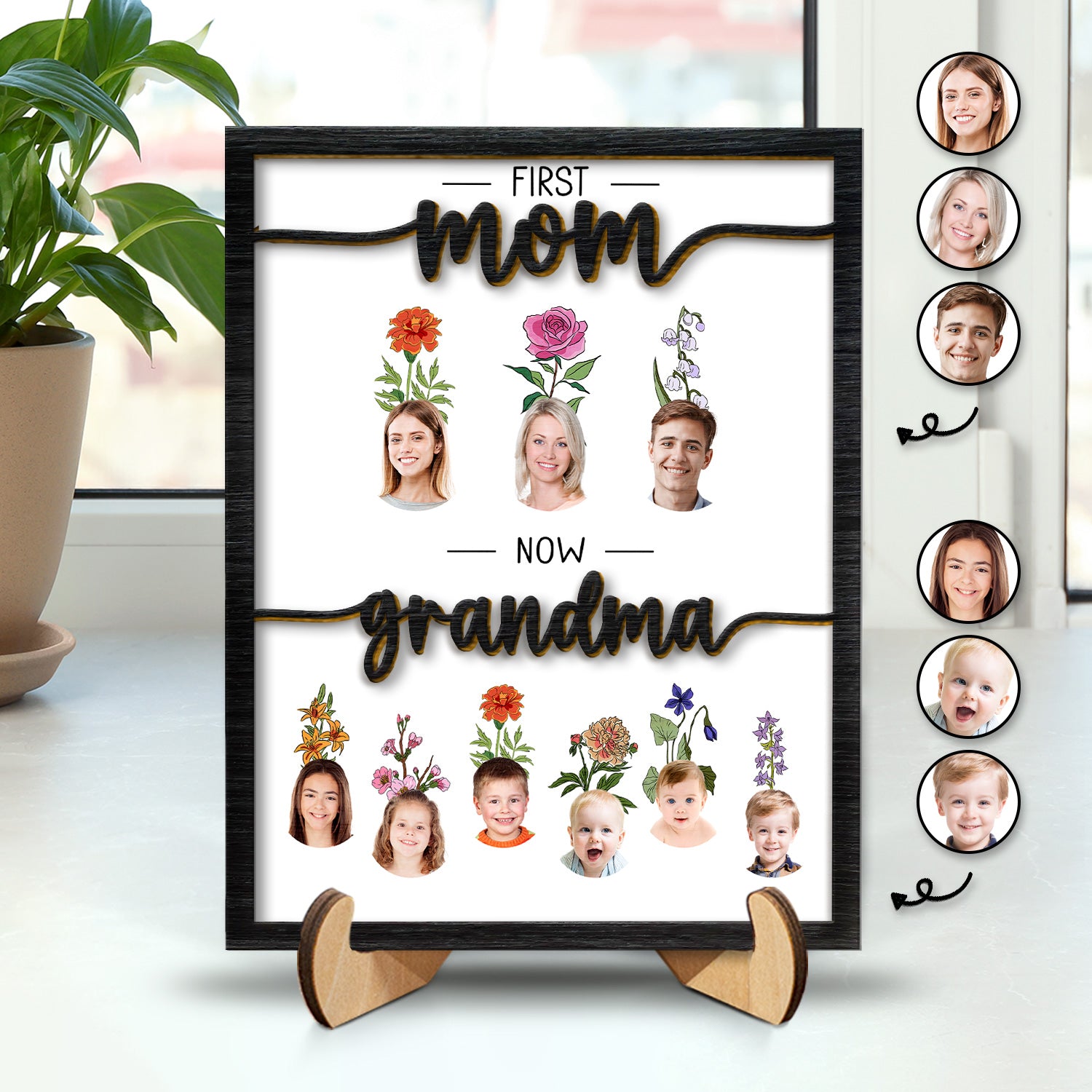 Custom Photo Birth Month Flowers First Mom Now Grandma - Gift For Mothers, Grandmas - Personalized 2-Layered Wooden Plaque With Stand