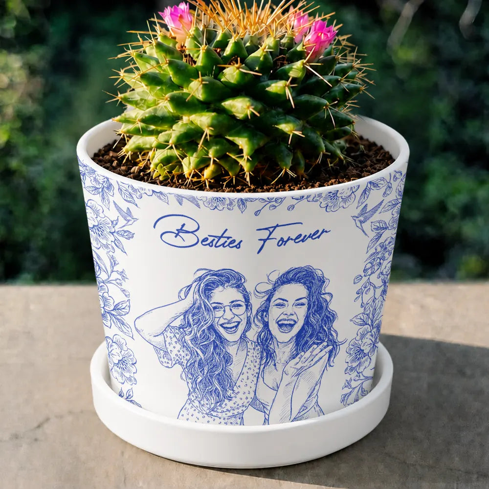 Custom Photo Pencil Sketch A True Friendship Is A Journey Without An End - Personalized Ceramic Plant Pot