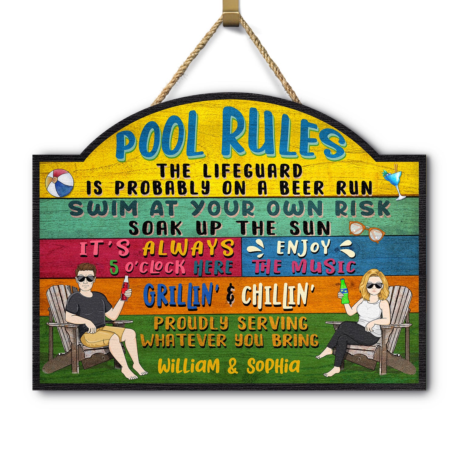 Pool Rules Swim At Your Own Risk Grilling Colorful - Home Decor, Backyard Decor, Gift For Her, Him, Family, Couples, Husband, Wife - Personalized Custom Shaped Wood Sign