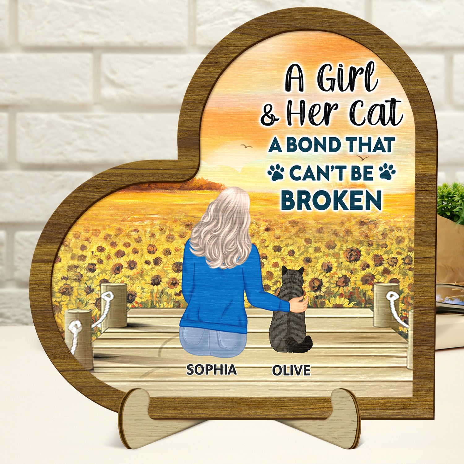 A Bond That Can't Be Broken - Gift For Cat Lovers, Cat Mom, Cat Dad - Personalized 2-Layered Wooden Plaque With Stand