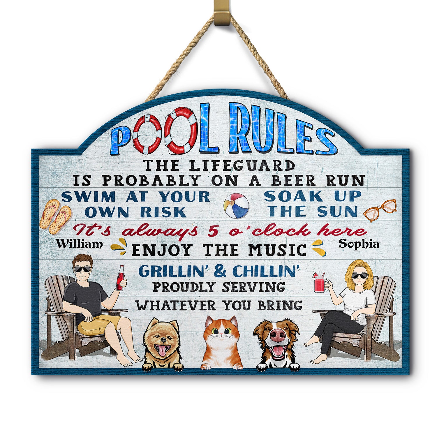 Pool Rules Swim At Your Own Risk Grilling - Home Decor, Backyard Decor, Gift For Her, Him, Family, Couples, Dog Lovers, Cat Lovers - Personalized Custom Shaped Wood Sign