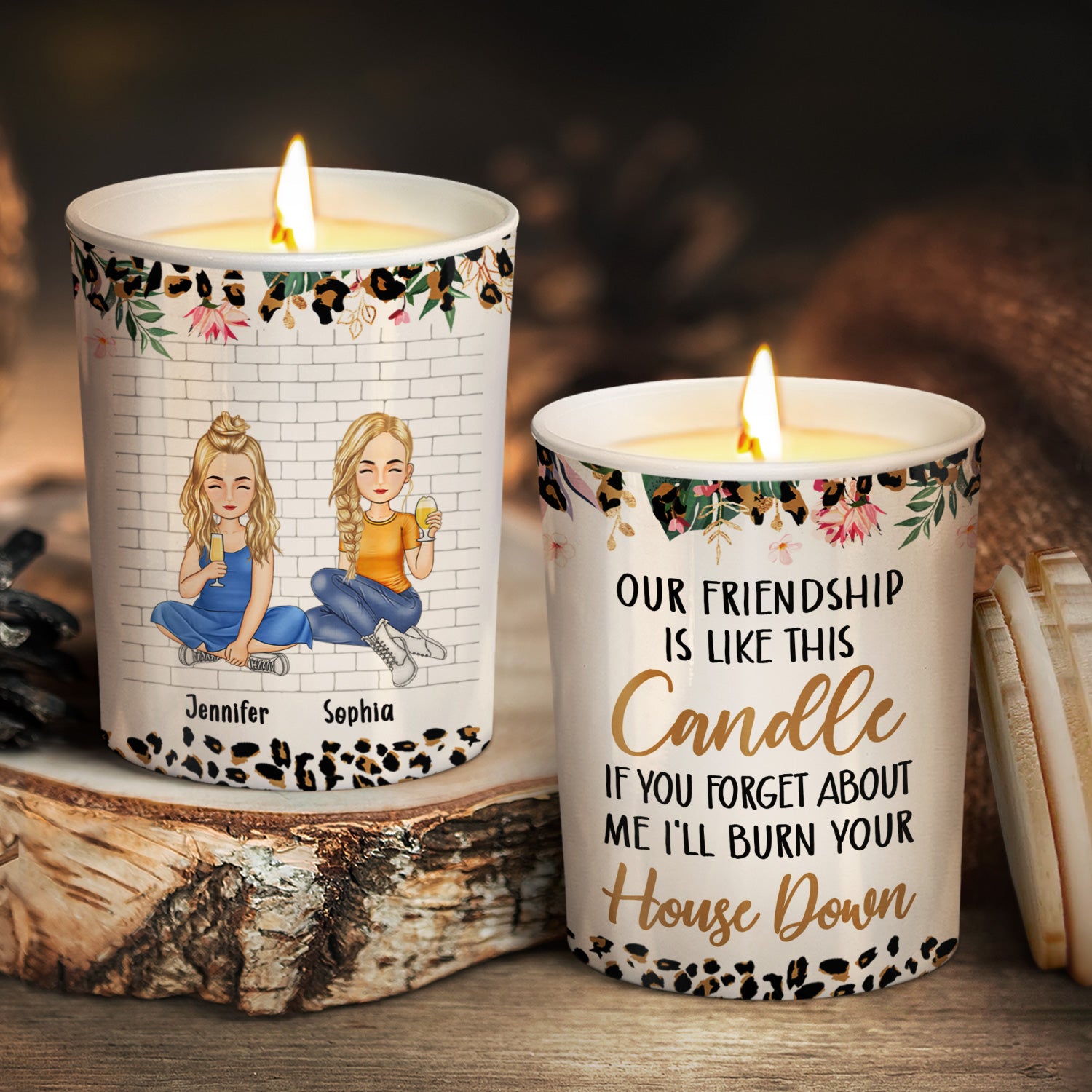 Cartoon Bestie Our Friendship Is Like A Candle - Gift For Bestie - Personalized Scented Candle With Wooden Lid