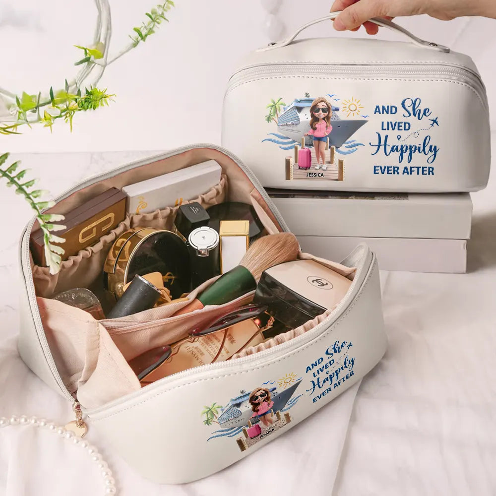 Gift For Yourself,Gift For Women,Cruising,Happy - Travel All My Cruise Crap - Personalized Leather Makeup Bag