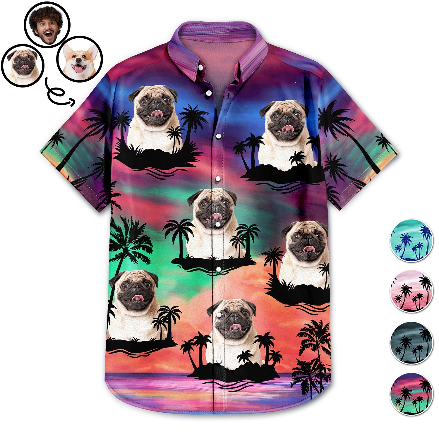 Custom Photo Funny Family Pet Face Color Sunset - Gift For Men, Dog And Cat Lovers - Personalized Custom Hawaiian Shirt