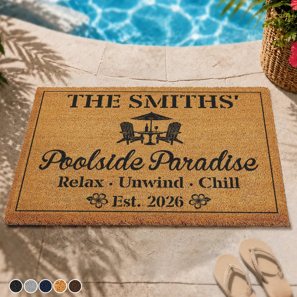 Poolside,Outdoor Decor,Summer,Top Market,Family,Cozy,Custom Text - Welcome To Our Poolside Paradise - Personalized Coconut Doormat