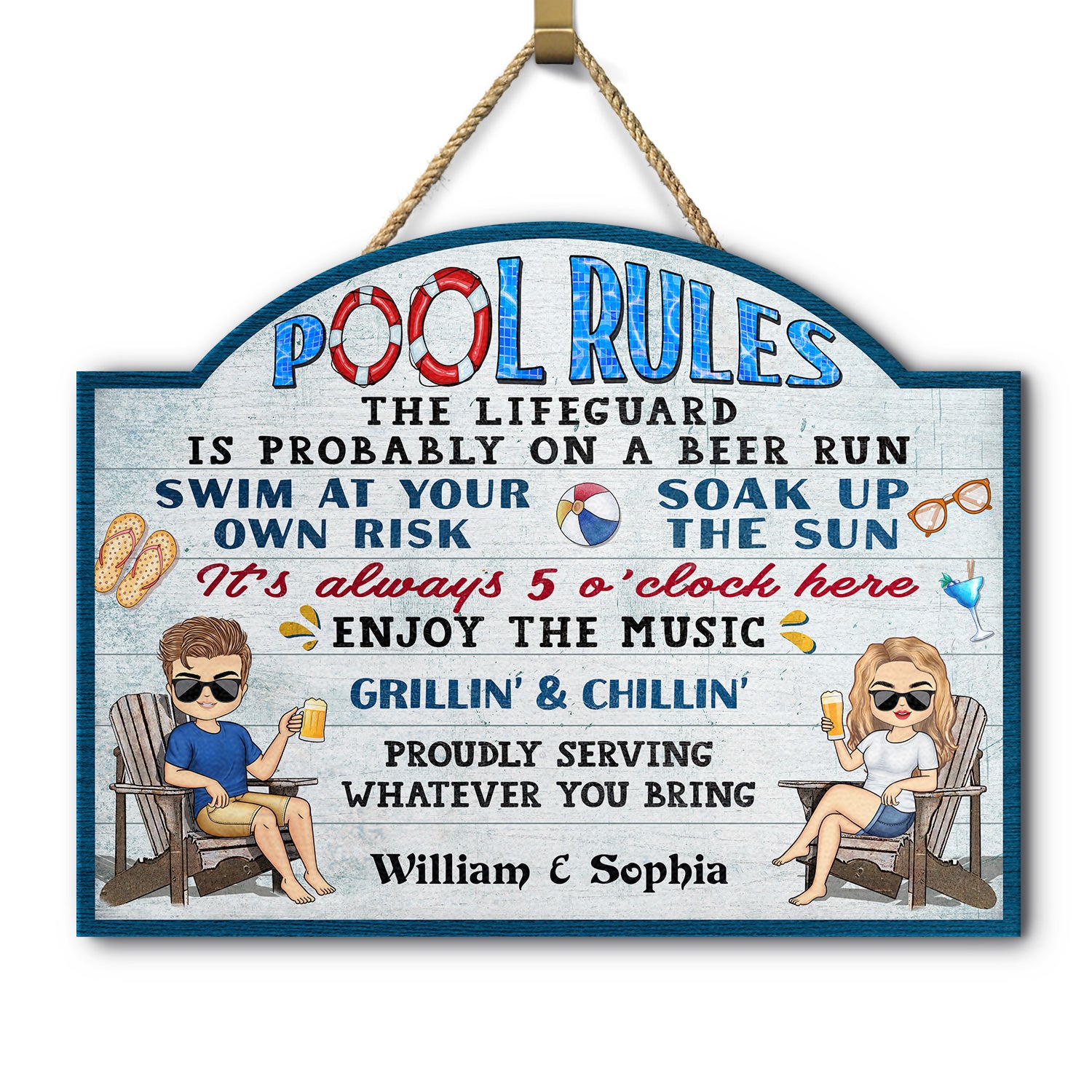 Pool Rules Swim At Your Own Risk Grilling Chibi - Home Decor, Backyard Decor, Gift For Her, Him, Family, Couples, Husband, Wife - Personalized Custom Shaped Wood Sign