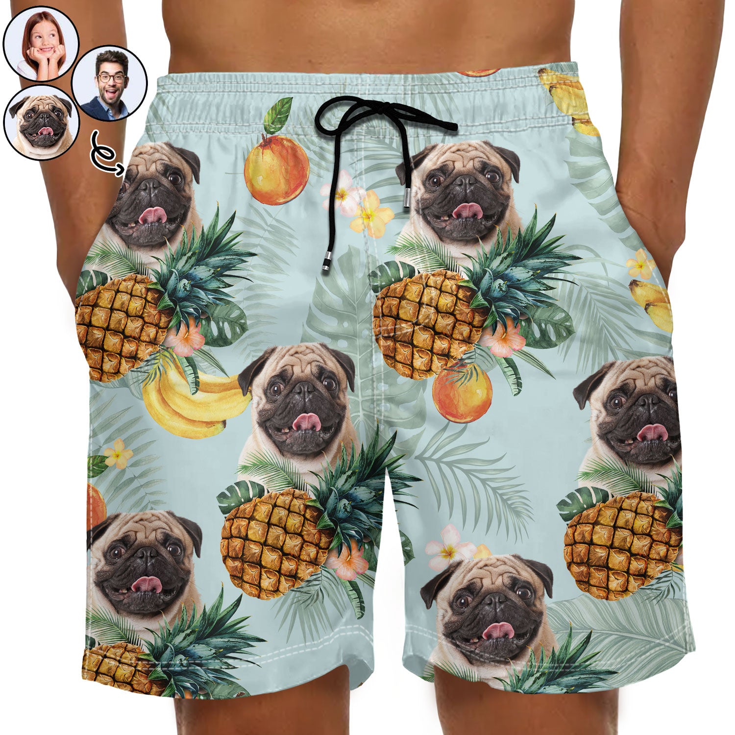 Custom Photo Funny Family Pet Face Tropical Fruit - Funny Gift For Pet Lovers, Dog Mom, Cat Mom, Dog Dad, Cat Dad - Personalized Unisex Beach Shorts