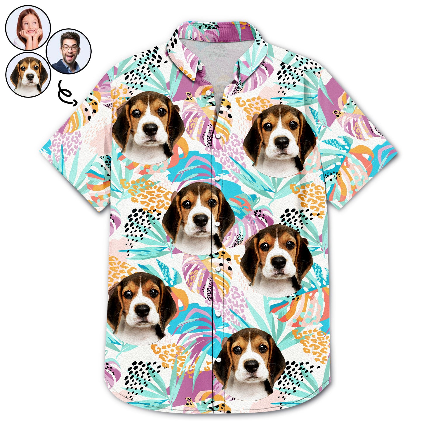 Custom Photo Funny Family Pet Face Purple Tropical - Gift For Pet Lovers, Dog Lovers, Cat Lovers - Personalized Hawaiian Shirt