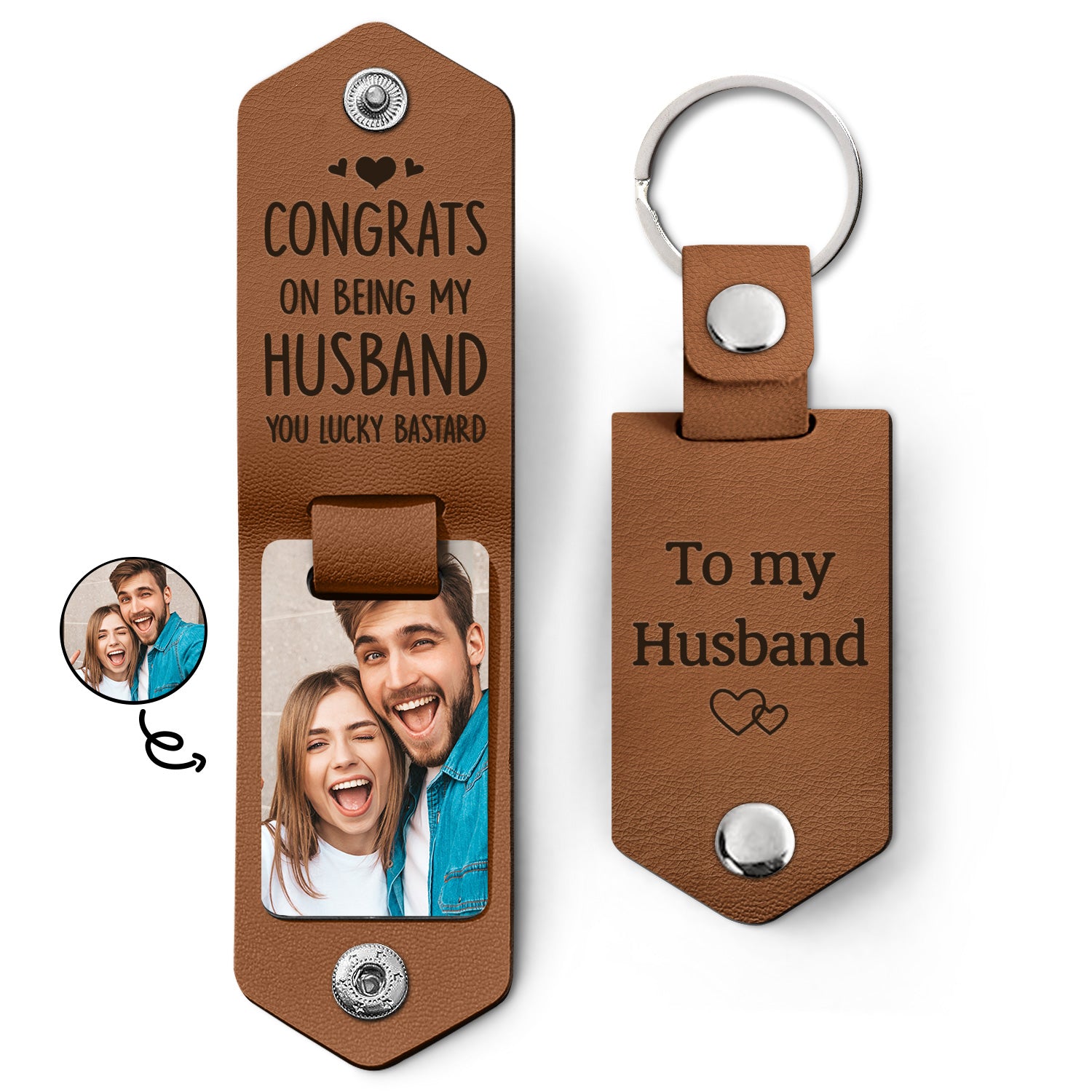 Custom Photo Congrats On Being My Husband - Anniversary Gift For Spouse, Lover, Couple - Personalized Leather Photo Keychain
