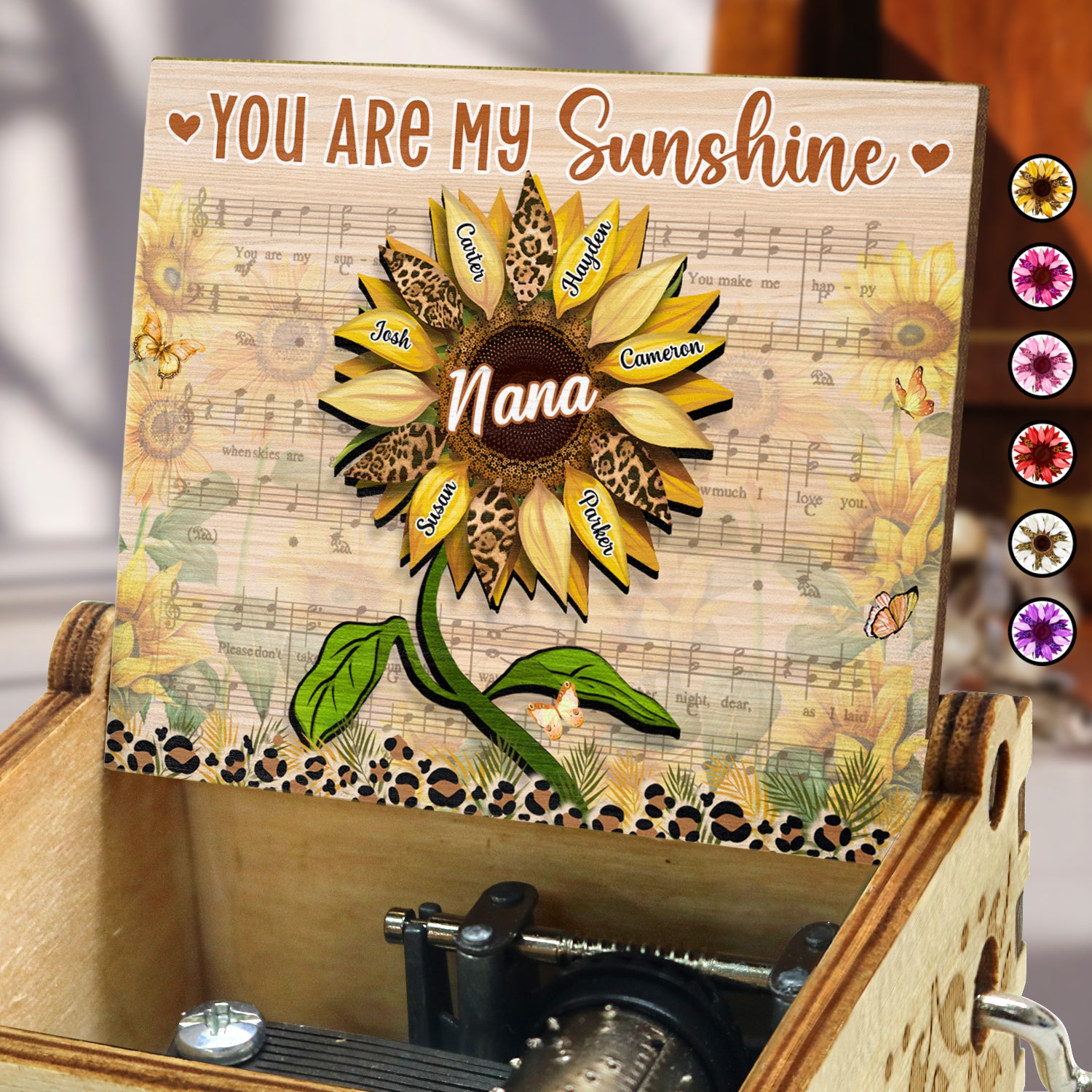 Nana, Mom, Auntie You Are My Sunshine - Birthday, Loving Gift For Mother, Grandma, Grandmother - Personalized Spin Button, Hand Crank Music Box