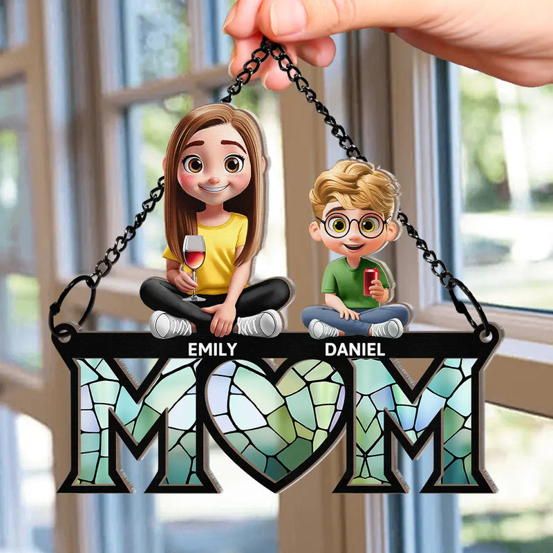 Gift For Mother,Love - Young Mother Daughter Son We Love You Mom 3D Cartoon - Personalized Window Hanging Suncatcher Ornament