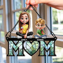 Gift For Mother,Love - Young Mother Daughter Son We Love You Mom 3D Cartoon - Personalized Window Hanging Suncatcher Ornament