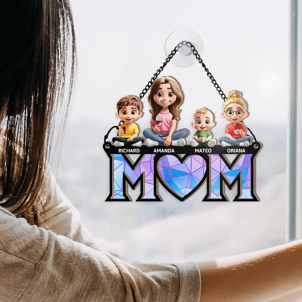 Gift For Mother,Love - Young Mother Daughter Son We Love You Mom 3D Cartoon - Personalized Window Hanging Suncatcher Ornament