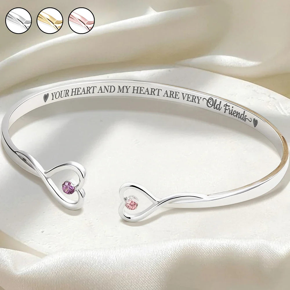 Your Heart And My Heart Are Very Old Friends - Personalized Gem Heart Cuff Bracelet