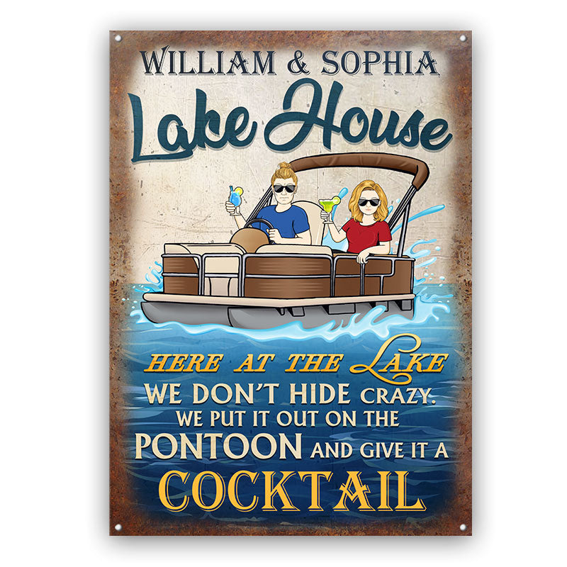 Here At The Lake Pontoon Husband Wife Couple - Lake House Sign - Personalized Custom Classic Metal Signs