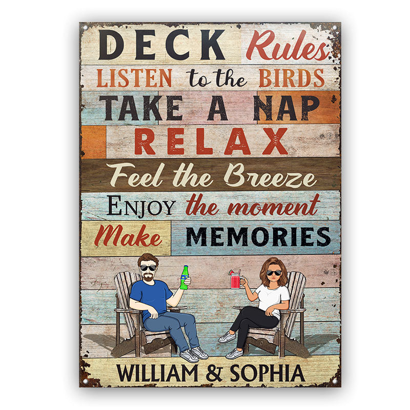 Deck Rules Listen To The Birds Husband Wife Couple - Backyard Sign - Personalized Custom Classic Metal Signs