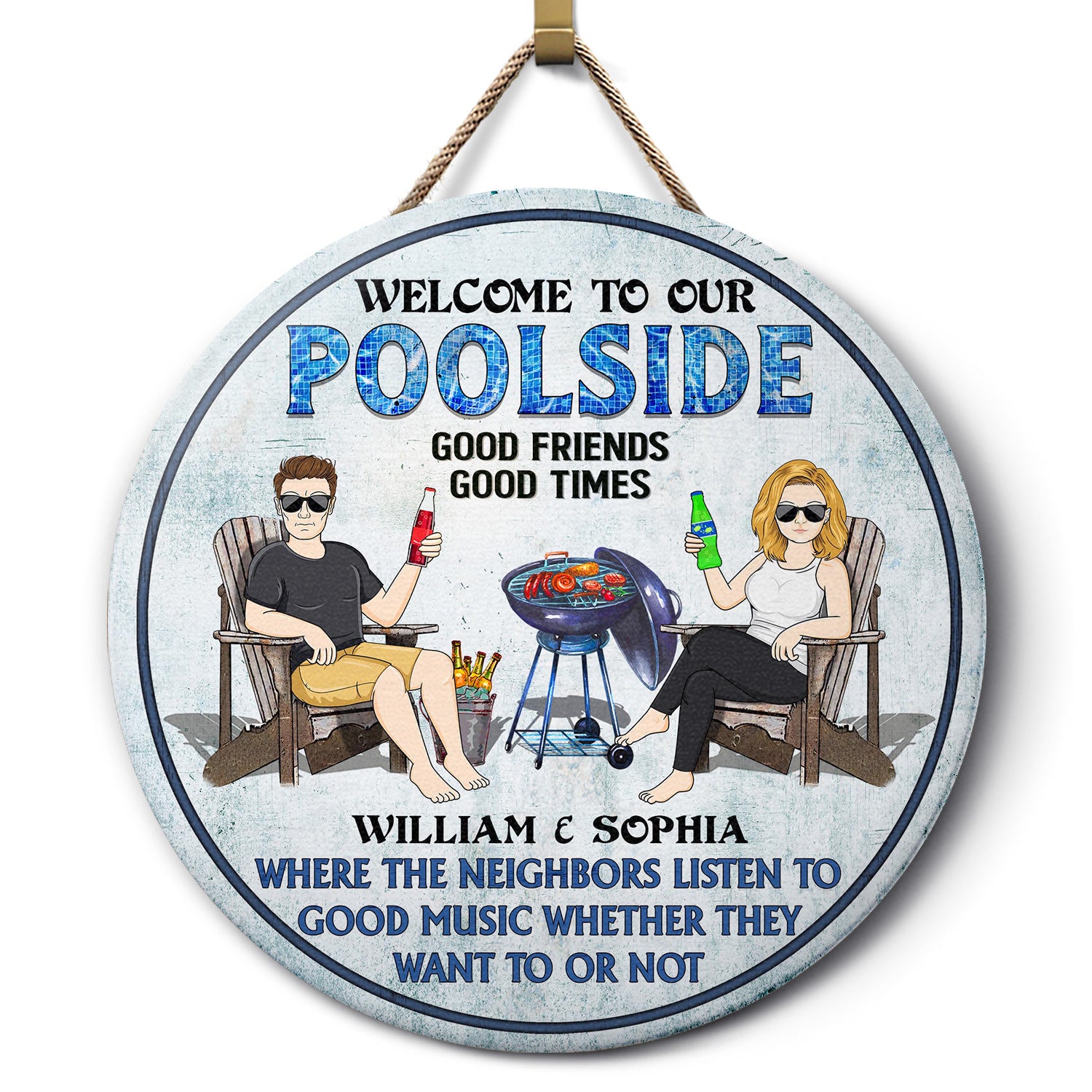 Poolside Grilling Listen To Good Music Couple Husband Wife - Backyard Sign - Personalized Custom Wood Circle Sign