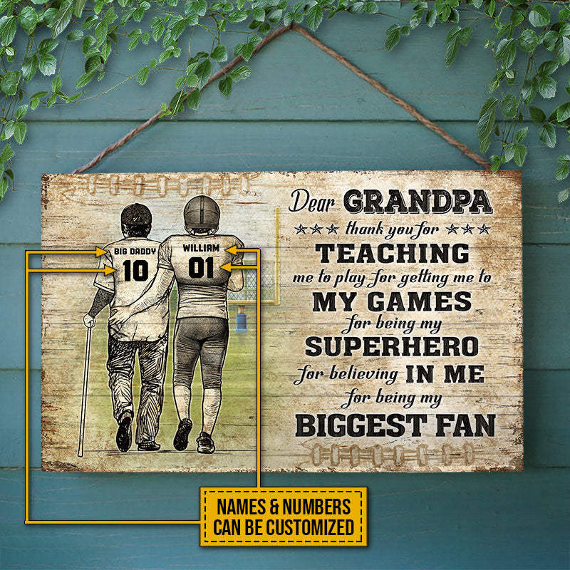 American Football Grandpa And GrandChild Thank You Custom Wood Rectangle Sign, Personalized Football Sign, Gift For Grandpa, Gift For Dad