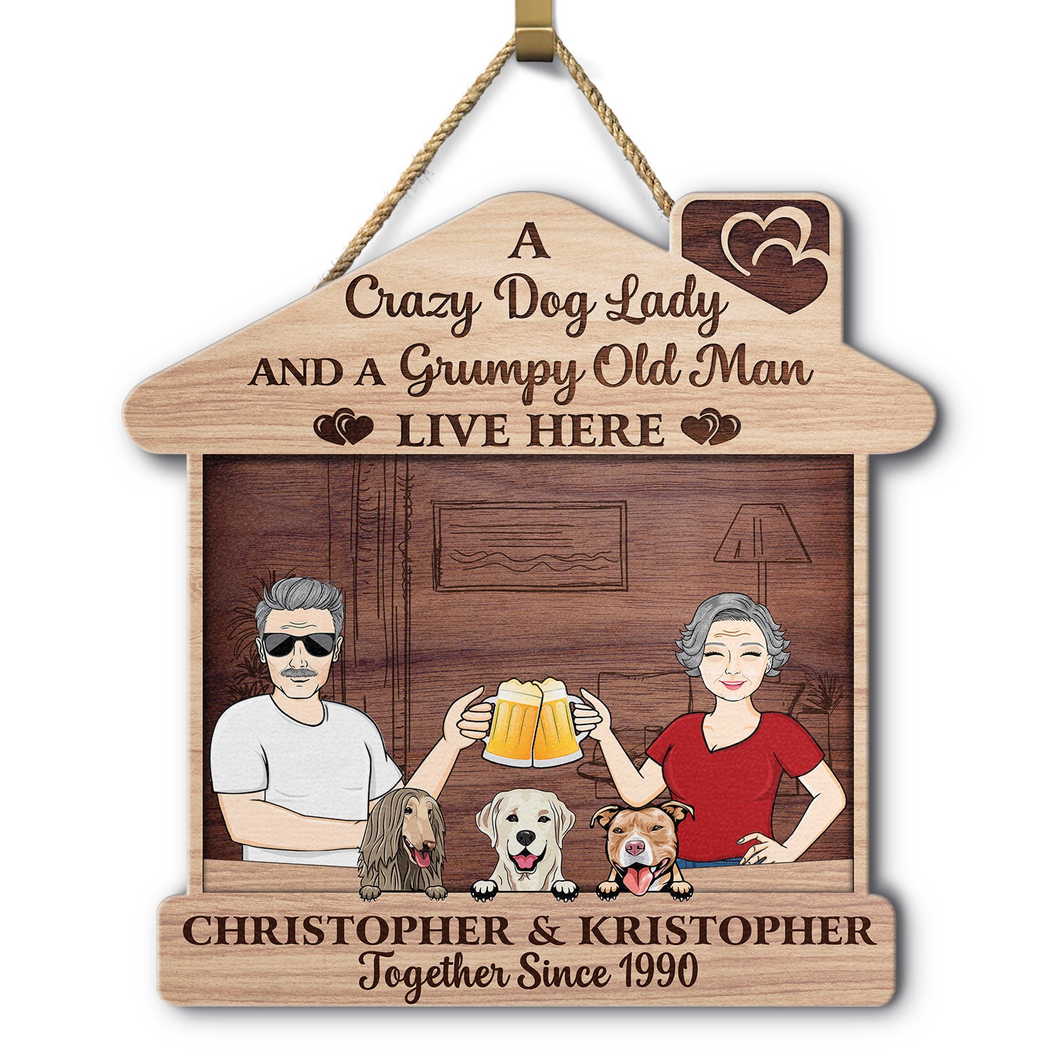 Family Couple A Crazy Dog Cat Lady And A Grumpy Old Man Live Here - Outdoor Gift For Pet Lovers - Personalized Custom Shaped Wood Sign