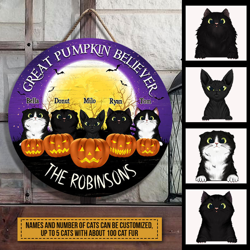 Black Cat Great Pumpkin Believer Custom Wood Circle Sign, Personalized Cat Sign, Halloween Outdoor Decor