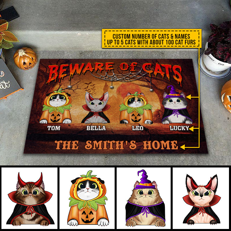 Cat Cosplay Beware Of Cats Custom Doormat, Pumpkin, Devil & Witch Cat Costumes, Personalized Halloween Decor