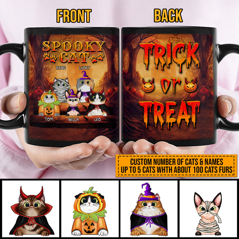 Cat Cosplay Trick Or Treat Custom Black Mug, Pumpkin, Devil & Witch Cat Costumes, Personalized Halloween Mug, Gift For Cat Lovers